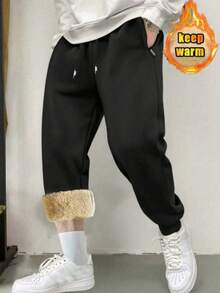 Men's Casual Loose Fit Thermal Lined Drawstring Waist Pants, Simple And Fashionable Style Suitable For Daily Wear And Sports, Made Of Soft And Stretchy Knit Fabric, An Excellent Gift For Boyfriend, Husband Or Family Member, Embodying Minimalist Chic Aesthetics. - Black - View 2