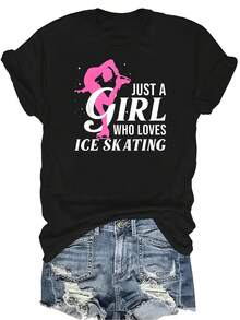 Camiseta divertida de patinaje sobre hielo para mujer y unisex, de verano, casual, transpirable, con personalidad, cuello redondo, manga corta, ropa de calle, versátil, adecuada para adolescentes y adultos - Negro - Ver 1