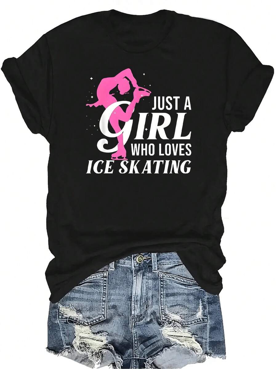 Camiseta divertida de patinaje sobre hielo para mujer y unisex, de verano, casual, transpirable, con personalidad, cuello redondo, manga corta, ropa de calle, versátil, adecuada para adolescentes y adultos - Negro - Ver 1