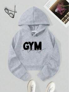 Sudadera corta crop con capucha para mujer, cómoda,  estampado de  gimnasio GYM, manga larga, forro cálido, detalle de punto acanalado, elasticidad media para un estilo informal. - Gris - Ver 1