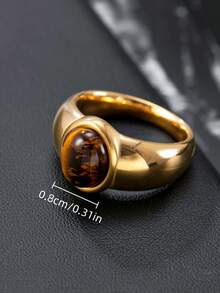 18K镀金不锈钢虎眼石镶嵌戒指，时尚中性小巧配饰戒指，适合日常佩戴或作为节日礼物 - 金黃色 - 查看 3