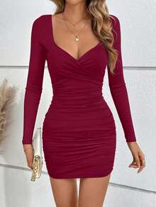 Elegant Ruched Waist Deep V-Neck Long Sleeve Mini Dress, New Arrival Spring/Summer - Burgundy - View 5