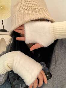 1pc Women's Autumn And Winter No Finger Plush Gloves, Versatile Exposed Finger Warm Gloves, Cute Student No Finger Gloves