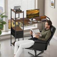 INICO Escritorio de Computadora, escritorios para Home Office con 1 Cajones y 4 Niveles de Estantes, Moderno Escritorio para Oficina en Casa, Mesa de Estudio para Laptop, Minimalista Moderno - Marrón - Ver 7