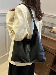 2026 Fashionable Solid Color Commuter Tote Bag, Minimalist Niche Design Underarm Bag, Stylish Large Capacity Shoulder Bag - Black - View 5