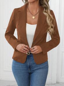 女士优雅休闲纯色运动夹克，适合秋季通勤和商务穿着，女士商务休闲秋季穿搭，女士冬季外套 - 棕色 - 查看 3