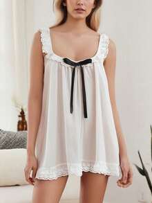Women's Y2K Sleepwear Babydoll Mini Dress Lace Trim Sleeveless Bow Tie Front Ruffle Flowy Pajama Cami Dress Summer Loungewear Nightwear Dress Daily Casual Lounge Short Dress - 白色 - 查看 6