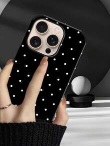 1pc Black & White Polka Dot Pattern Printed Phone Case, Fashionable French Minimalist Cute Boho Style Mini Dot Elements UV Printing Soft Leather Case Compatible With Apple/ Galaxy S24 Ultra, 17 Pro Max/16 Pro Max/12 Pro/13/14 Plus/15 Pro Max/16 Pro Max, 11/13 Pro - Black - View 10