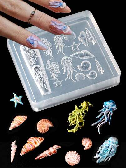 1 Peça Molde de Escultura de Arte de Unhas da Série Oceano, Molde Transparente Gravado em 3D de Silicone, Molde DIY de Medusa, Concha, Estrela-do-mar, Alga, Acessório Reutilizável de Ferramenta de Arte de Unhas