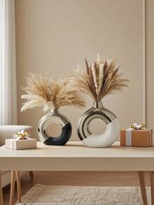 White Silver/Black Silver Ceramic Vase, Round Vase, Suitable For Home Decor, Round Decorative Vase, Silver Vase, Suitable For Living Room Decor, Gold Vase, Suitable For Home Decor, Also Suitable For Kitchen And Coffee Table. Glass Vase, - Multicolor - View 6