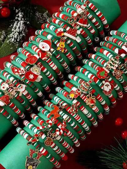 32pcs/Set Christmas Elastic Bracelet Set, Santa Claus, Reindeer, Socks, Snowman And More Holiday Charms Bracelets, Designed For Women, Made Of Polymer Clay Beads And Festive Decorations, Party Style, No Plating Or Mosaic, Multifunctional Seasonal Jewelry Assortment Suitable For Various Occasions