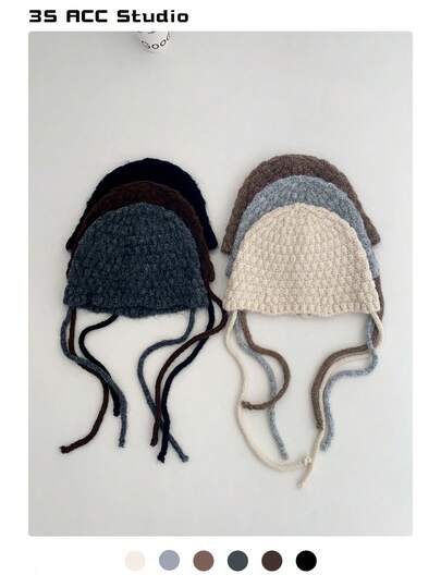 1pc Solid Color Autumn/Winter New Knit Hat, Women Tie-Up Petite Face Warm Knitted Blend Beanie, Minimalist Chic Cute Ear Warmer All-Match Bucket Hat