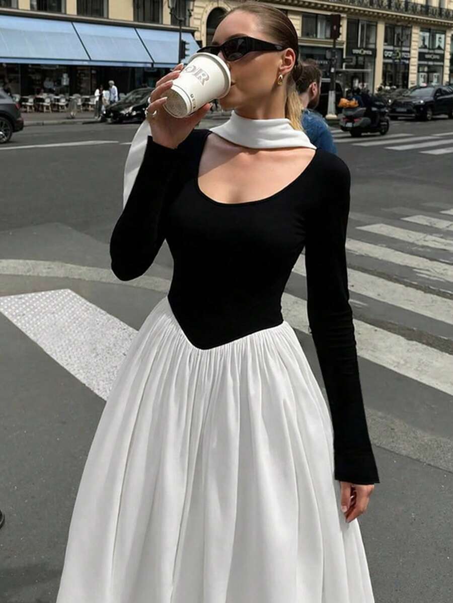 Vestido elegante y sexy de manga larga con cuello en V profundo, cintura con lazo y diseño calado de malla para mujer, Otoño/Invierno 2025