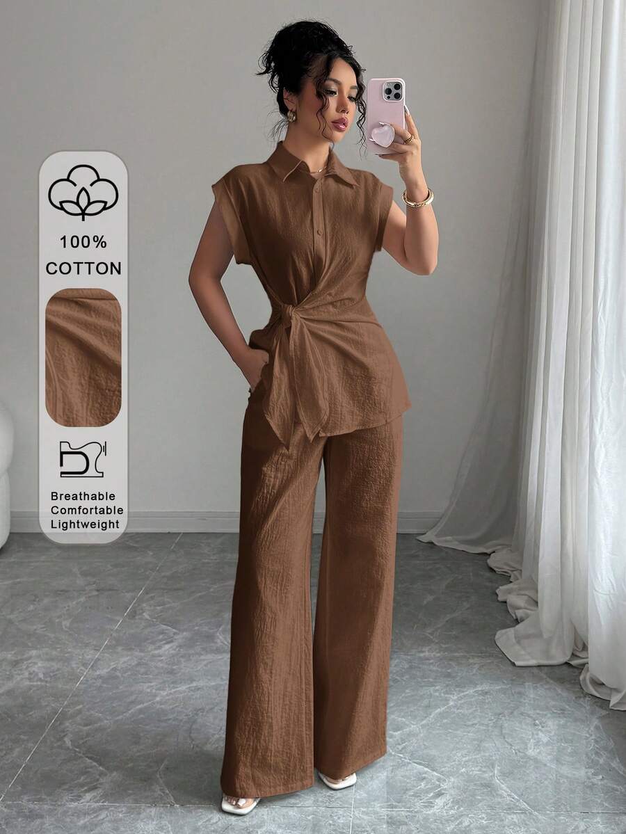 Bộ đồ hè dành cho nữ của LilyHouse, áo không tay thắt eo phối cùng quần ống đứng thoải mái, phù hợp cho đi làm hàng ngày/công sở/văn phòng, trang phục ngày Valentine, trang phục mùa xuân.