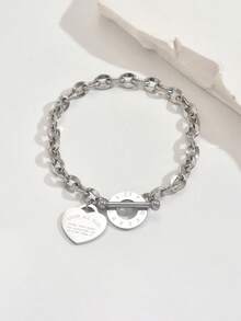 1pc Unisex Stainless Steel Heart Engraved Lip Chain Silver Bracelet, Suitable For Daily Wear, Gifts, And Casual Outfits