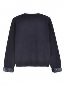 Navy Blue Round Neck Loose Patchwork Plaid Sleeve Cardigan For Women, College Style, Autumn/Winter