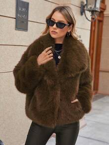 ZIAI ZIAI Women's Vintage Style Open Front Faux Fur Collar Coat, Fashionable Loose Casual Long Sleeve Lapel Jacket Winter Thick Warm Outerwear Oversize Style For Winter
