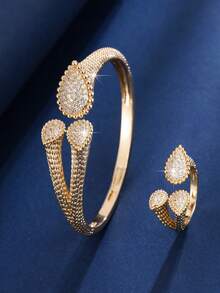 1pc Retro Luxury Niche Design High-End Teardrop Water Drop Chain Open Ring, Party Travel Accessory Gift - Multicolor - View 9