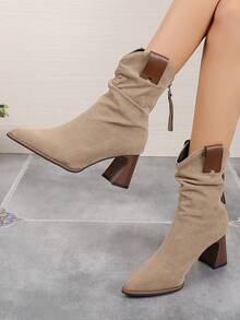 女士时尚法式尖头踝靴，一脚蹬西部风格褶饰靴 - 卡其色 - 查看 2