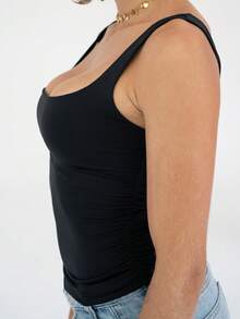 Square Neck Double Lining Tank Top Thick Suplex Straps - 黑色 - 查看 3