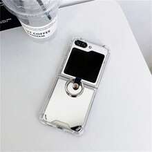 Simple Silver Mirror Shock-Proof Phone Case, Portable DIY With Ring Holder, Compatible With Samsung ZFlip7, ZFlip6, ZFlip 5, Zflip6, Shock-Resistant Back Cover - Silver - View 3