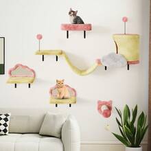 BALCONERA 6-Piece Flannel Cat Climbing Wall Set – Sturdy Cat Furniture With Cat House, Cat Bed, Cat Suspension Bridge, Sisal Column & Cat Toys, Ideal For Cats To Sleep, Play & Lounge - 粉紅色+黃色 - 查看 2