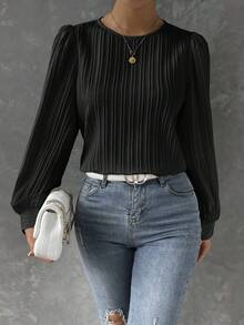White Tops Fall Clothes For Women Textured Stripe Round Neck Bishop Long Sleeve Blouses