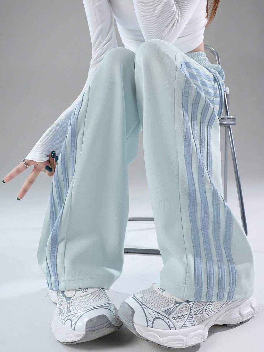4-Stripe Mist Blue Patchwork Elastic Waist Casual Slim Fit Sports Pants For Women, Spring/Autumn/Winter - 1A67 Haze Blue Spelling Blue - View 1