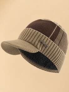 JZML 1只男式針織運動鴨舌帽，帽沿鑲嵌刺繡標誌，毛絨內裡，波西米亞風格 - 卡其色 - 查看 5