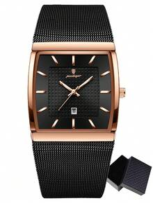 POEDAGAR 男士休闲不锈钢日期显示腕表，网状表带，矩形表盘，防水夜光，石英商务腕表，适合日常佩戴，完美礼物 - 黑色 - 查看 12