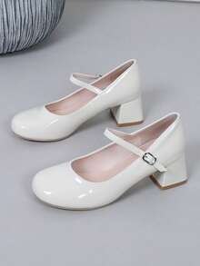 新款亮面漆皮粗跟圆头红色高跟鞋，女士款。鞋面系带玛丽珍鞋，舒适室内外派对鞋。豹纹波西米亚风白色高跟鞋