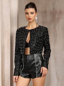 Women's Elegant Sequin Faux Pearls Short Crew Neck Jacket, Fashionable Versatile For Ladies, Suitable For Parties, Evenings And Special Occasions, Spring & Autumn - Black - View 5