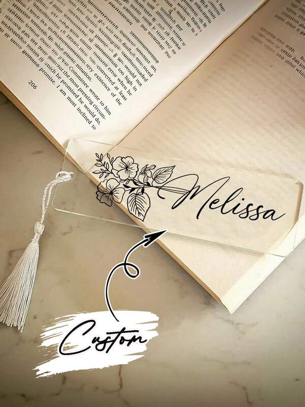 1 marcador de livro de acrílico transparente com nome personalizado e borla - acessório de livro floral feito à mão, presente exclusivo para leitores - para amantes de livros - presente de Natal - presente perfeito para mãe, material escolar, volta às aulas