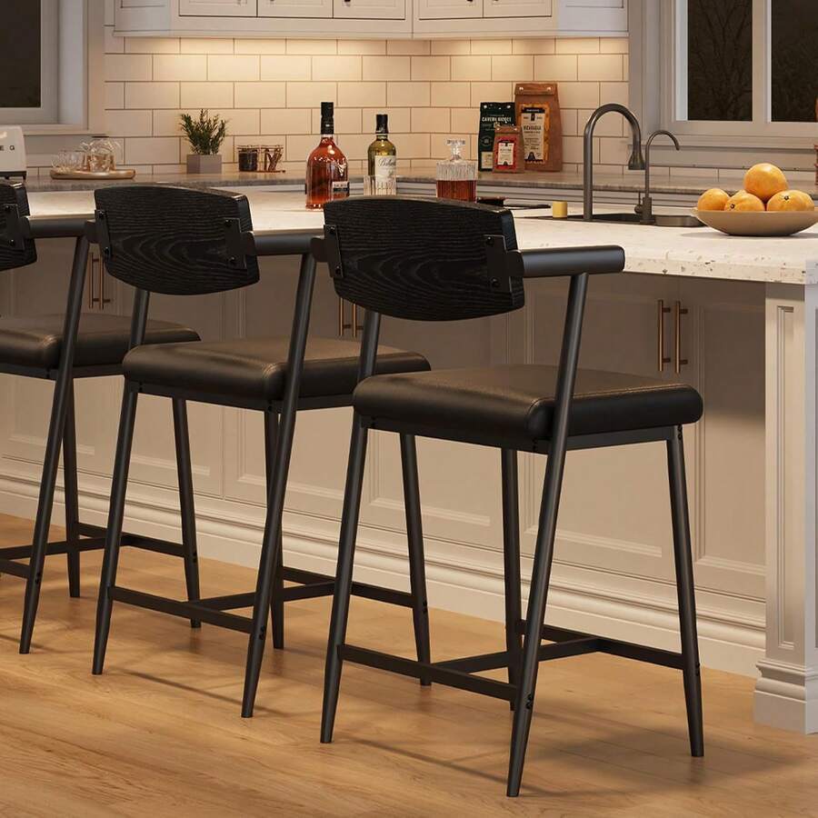 Bar Stools Set Of 2, 26.5" Upholstered Counter Height Bar Stools For 2 With Armrest, Wider Thickened Cushion, Bar Chairs With Backrest For Bar, Dining Room, Kitchen  Counter Height Bar Stools With Arms, 26" Upholstered Bar Stools With Back, Wider Seat, Modern Bar Stools Set With Footrest For Kitchen Island, Counter Bar, Easy Assembly - 黑色 - 查看 1