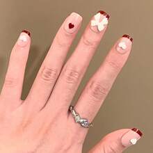 Short Press On Nails Square Fake Nails Red French Tip False Nails With Heart Bow Charms Design Glue On Nails Cute Acrylic Nails Glossy Full Cover Stick On Nails For Women Manicure 24Pcs - 紅色 - 查看 1