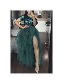 Women's Tulle Maxi Skirt Vestidos De Fiesta Elegantes Floor Length Layered Elastic High Waist Split Skirt A-Line Puffy Lace Mesh Tutu Skirt - 墨綠色 - 查看 1