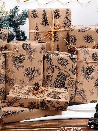 1 pezzo Carta da regalo vintage in carta kraft per Natale, decorazione per feste di Natale