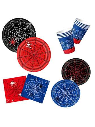 10 件蜘蛛网主题一次性餐具套装，含 9/7 英寸盘子、9 盎司杯子和 20 件餐巾，黑暗恐怖蜘蛛印花，适用于万圣节恐怖派对、惊悚狂欢节电影之夜、恐怖聚会