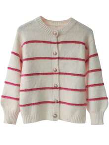 Womens Striped Cardigan Sweaters Casual Open Front Long Sleeve Button Down Knit Outwear - 米色 - 查看 4