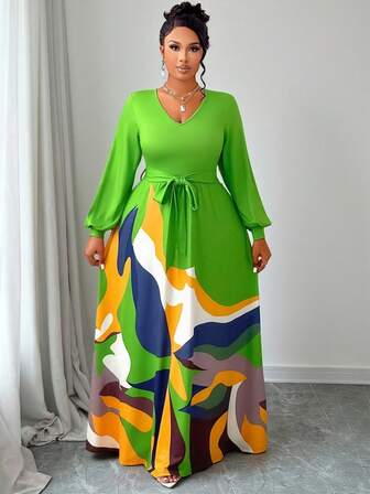 Vestido con estampado floral aleatorio de manga larga y cuello en V para mujer de talla grande, con patrón estampado en todo el Body y cinturilla
