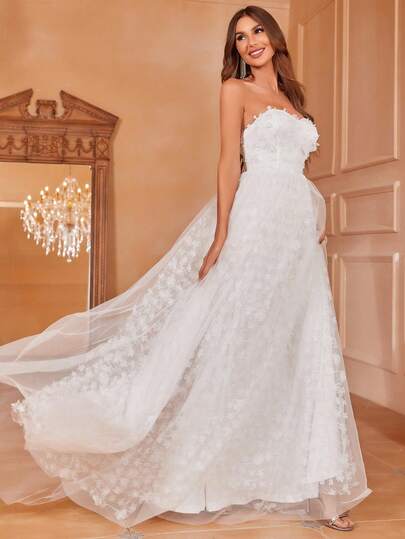Floral Applique Strapless A-Line Wedding Dress, Suitable For Church Weddings, Formal Bride Ceremonies, Small Chapel Vows, Grand Wedding Receptions, Bridal Balls And Other Occasions