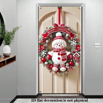 2D Flat 1PC 90X180cm Festive Polyester Snowman Wreath, Merry Christmas Door Cover, Red And White Plush Snowman Decoration, Versatile, Suitable For Home, Garden, Yard, Outdoor Party Decoration, No Need For Power Supply