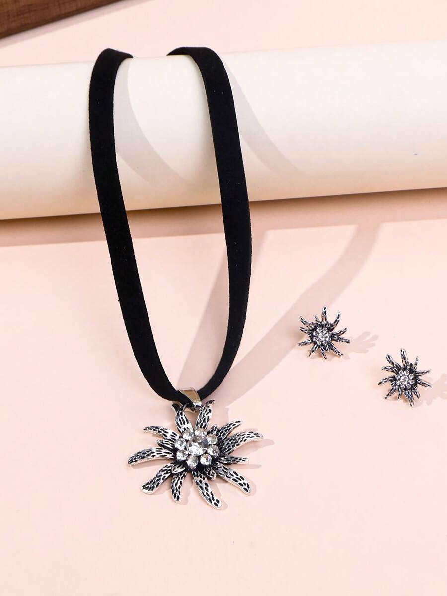 1pc Elegant Rhinestone Snowflower Pendant Necklace & 1 Pair Snowflower Earrings, Suitable For Women, Beer Festival, Daily, Holiday Outfits