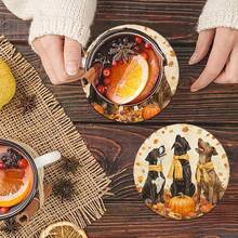 6 pièces/set ou 420 pièces/70 sets Dessous de verre imprimés avec chiots et citrouilles d'automne, 10 cm/2 mm d'épaisseur, avec fond en caoutchouc souple absorbant. Dessous de verre décoratifs en caoutchouc souple, convenant pour les tasses, la décoration de la cuisine et de la table à manger.