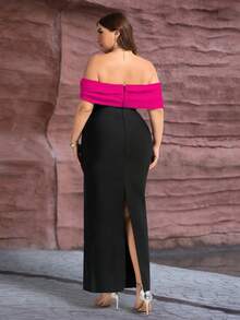 Vestido ajustado con hombros descubiertos y contraste de color para tallas grandes - Rosa Fucsia - Ver 4