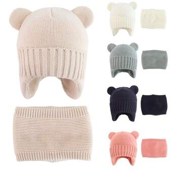 针织婴儿熊耳朵帽子围巾套装，保暖内衬，幼儿儿童帽子，柔软针织帽，适合婴幼儿男女宝宝保暖冬季帽子