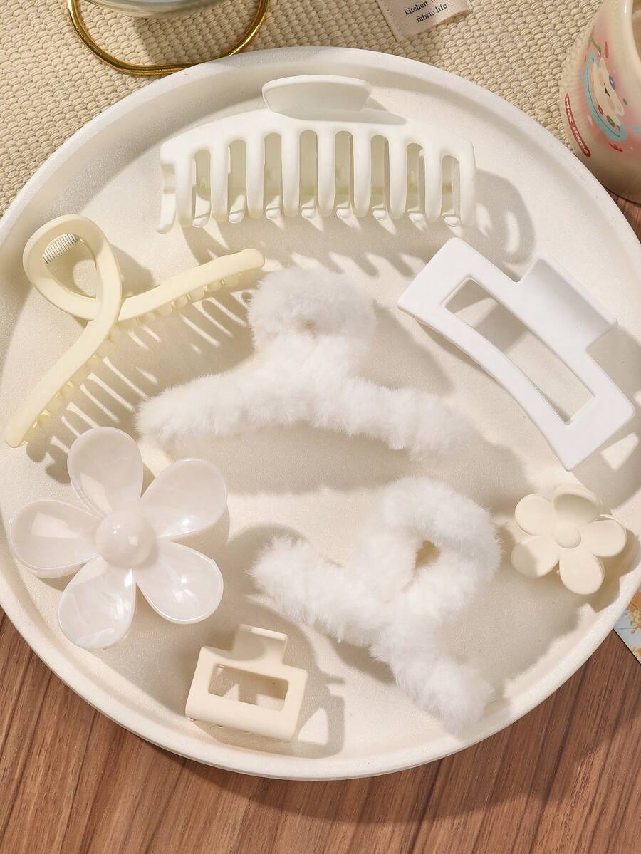 8 pièces/set Accessoires capillaires minimalistes beige doux - Fleur, os, carré moelleux, nœud papillon croisé droit, frange latérale, support de queue de cheval, polyvalent pour un port quotidien, pinces à cheveux mode automne/hiver pour tenues de vacances femme