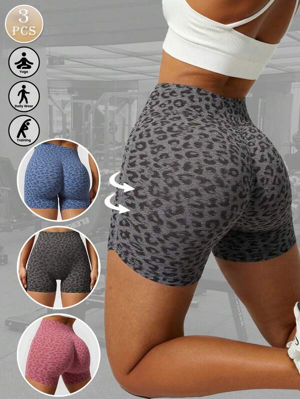 Conjunto de 3 peças de shorts esportivos de compressão de cintura alta, estampa de leopardo, shorts de corrida e ioga fitness, cor pêssego