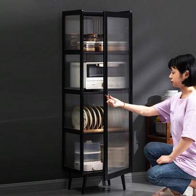3/4-Layer Acrylic Transparent Display Cabinet, Black Bamboo Collectibles Display Cabinet, Dustproof Covered Cell Storage, Toy Model Display, Household Bookshelf & Water Bar Cabinet, Kitchen Utensil Storage