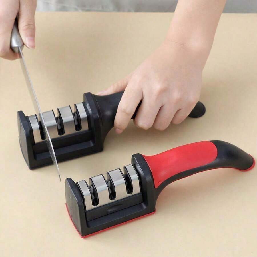 Knife Sharpener, Handheld 3 Segments Kitchen Knife Sharpener Tool Multipurpose Knife Sharpening For Kitchen Knives Repair Restore Polish Red And Black - 黑色 - 查看 1
